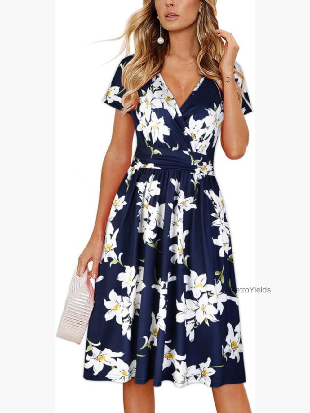 Wrap V Neck A Line Midi Dress with Pockets Womens Summer Casual
